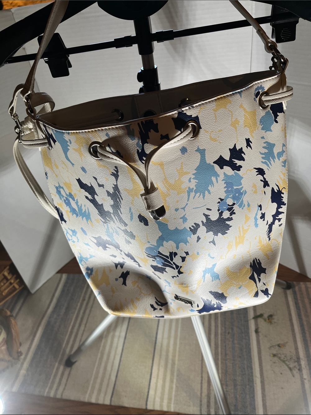 Chaps Cream Floral-Print Drawstring Shoulder Bag with Blue and Navy Accents